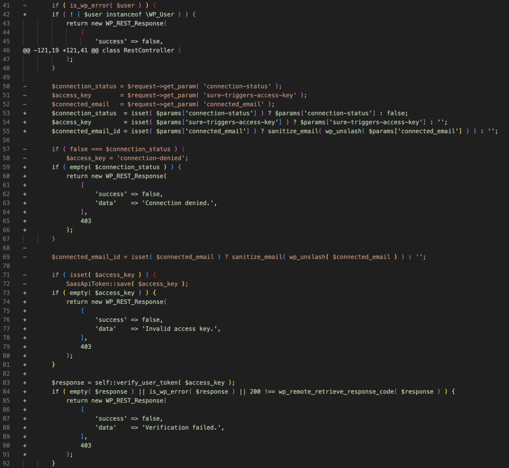 A screenshot of a portion of the diff output between the vulnerable and patched versions of the RestController.php file.